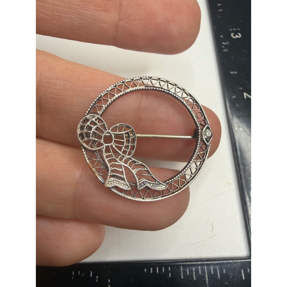 Antique Silver Tone Filigree Circle Brooch Bow Accent Clear Stone C-Clasp 1 Inch